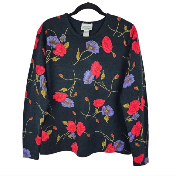 Patchington Floral Sweater Black Soft Acrylic Knit Pullover Top Crew Neck Size M - Picture 1 of 13